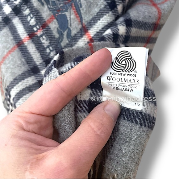 Vintage Burberry Nova Check Blanket Scarf Equestrian Knight Logo Grey Navy Blue - Picture 13 of 15